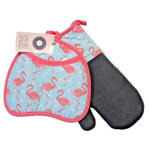 Flamingo Oven Mitt Pocket Potholder Kitchen Pink Blue Black Cotton Neoprene Gift